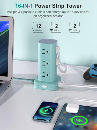 6FT Power Strip Tower Surge Protector, 12 Wide Spaced Outlets, 4 USB - color: Blue, size: 6FT without Wireless Charging