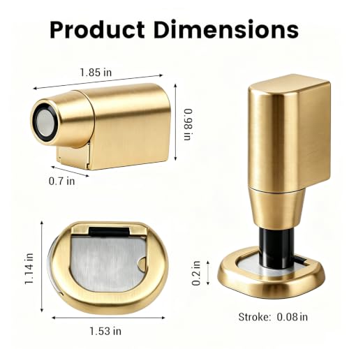 2 Pcs Magnetic Door Stopper for Bottom of Door,Adjustable Door Holder | No Drilling Adhesive Magnetic Door Stop, Keep Door Open, Windproof Door Catch for Home, Pet and Renters, Brushed Gold