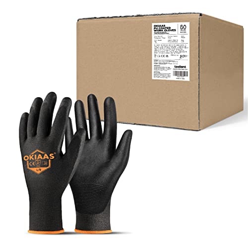 OKIAAS PU Coated Work Gloves Men, Ultra Grip & Lightweight, 60 Pairs Bulk - color: Black (60 Pairs), size: Large
