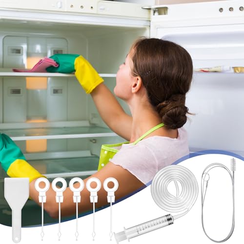 Gisafai 9 Pcs 36 Inch Refrigerator Cleaning Kit Fridge Drain Cleaning Tool Including 1 Syringe Hose 5 Plunger 1 Shovel 1 Long Flexible Refrigerator Scrub Brush for Ice Maker Dispenser