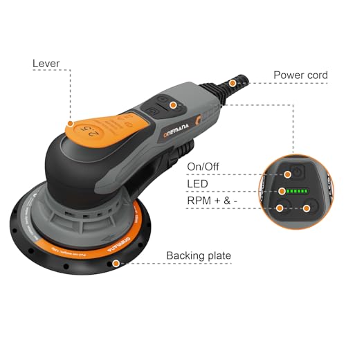 2.5mm Random Orbital Sander, 350W Brushless Motor Electric Palm Sander for Woodworking, 6 Variable Speeds to 10000RPM, Multi-function Sander with 6Inch Backing Plate, 10 Sanding Papers