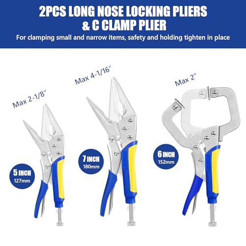 Locking Pliers Set,5"/7"/10" Curved Jaw Vise Grip,6-1/2"and 9-1/2" Needle Nose Vice Grips, 6" C-Clamp for Woodworking, Metal Working and Welding