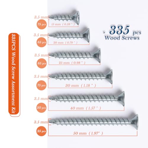 335PCS Wood Screw Assortment Kit Silver Drywall Screws Flat Head Phillips Drive Screws Set Zinc Plated Coarse Thread Ideal for Furniture, DIY & Home Repair - size: 335pcs Wood Screw Assortment Kit