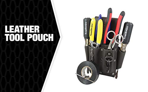 Southwire POUCH4 Leather Tool Pouch; 5 Pocket Pouch with Electrical Tape Chain; Fade Resistant; Durable Compartments; Washer Rivets; Includes Metal Tool Clip; Dark Brown
