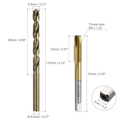 uxcell Metric Tap & Drill Bit Set, 2pcs M8 x 1.25 Spiral Point Thread Taps Titanium Coated and 2pcs 6.8mm Twist Drill Bits Roasted Yellow, Screw Tapping Threading Tools - size: M8 x 1.25 + 6.8mm