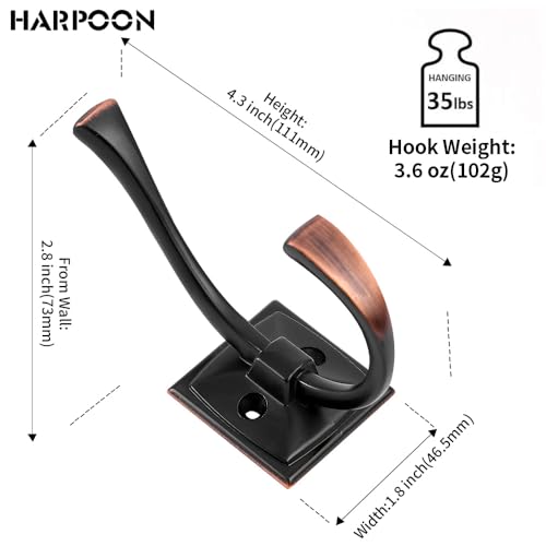 HARPOON 5 Pack Prong Hook, Heavy Duty Two Flared 4.3 inch Coat Hooks, Wall Mounted with 4 Screws, Utility Hooks Oil-Rubbed Bronze - color: Oil Rubbed Bronze