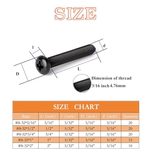 85 Pcs 5 Sizes Black #8-32 Machine Screws Knob Screws Cabinet Screw Electricians Bolts, Carbon Steel Zinc-Plated Phillips Pan Head Machine Screw Assortment Kit - size: Black #8-32-5Size-85P