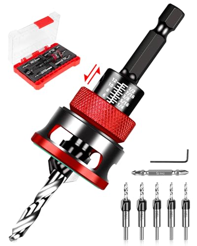 9PCS Countersink Drill Bit Set with Adjustable Depth Stopper - color: Red, size: Standard - Manual Adjustment
