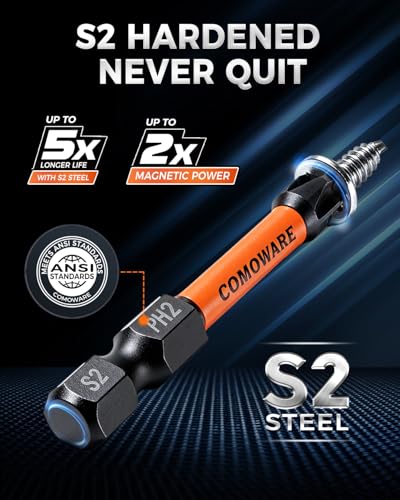 COMOWARE 13pcs Phillips Impact Screwdriver Drill Bits #2, S2 1/4" Hex Screwdriver Bit Set, 1-6" Length, CNC Tip Magnetic Drill Bit, Impact Hex Bits Sets with Magnetizer For Power Drill - color: Ph2 12pcs Phosphate-coated