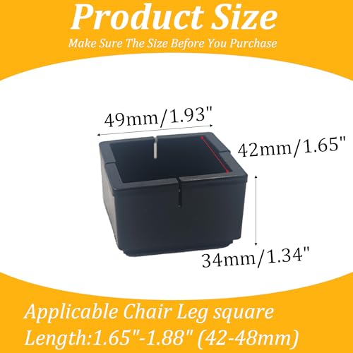 12PCS PVC Square Chair Leg Protectors with Felt Bottom, Non-Slip Furniture Pads for Hardwood Floors, Quiet Table Feet Caps Covers, Fits 1.65"-1.88" (42-48mm) - Black - size: 42-48mm/Black