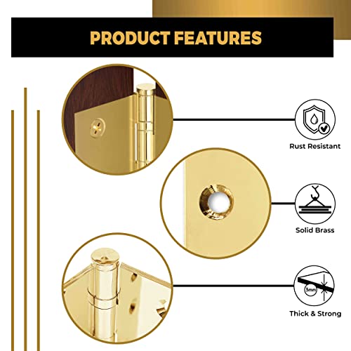Solid Brass Door Hinge Heavy Duty Ball Bearing Polished Shiny Gold 4x4 Inch - Set of 2 Hinges (Polished Brass) - color: Polished Brass
