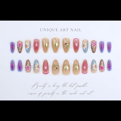 LPOODDNU 3D Colorful Flower Press on Nails - Almond Medium Fake Nails with Rose Pink Gradient Gold Bead Designs, Glossy Finish Reusable False Nails with Glue Tabs - 24Pcs Nail Kit for Women Manicure - color: colorful gold 3d flower