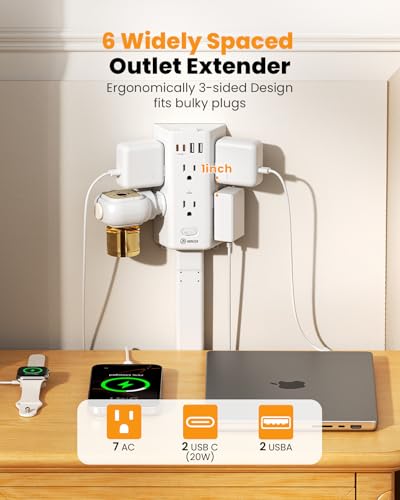 Flat Outlet Extender Stick,6 Widely Outlets,20W USBC,Extendable 11.6"-35.4"