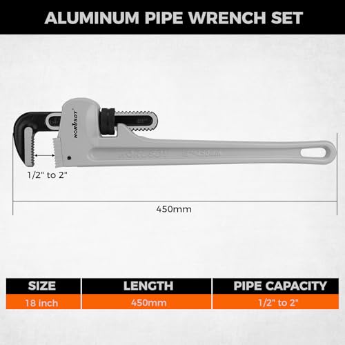 HORUSDY 18-Inch Pipe Wrench, Aluminum Heavy-Duty Adjustable Plumbing Wrench, 450mm, 1/2"–2" Pipe Capacity, Strong Grip & Durable, Lightweight Gray for Professionals & DIY - style: 18" Lightweight Aluminum