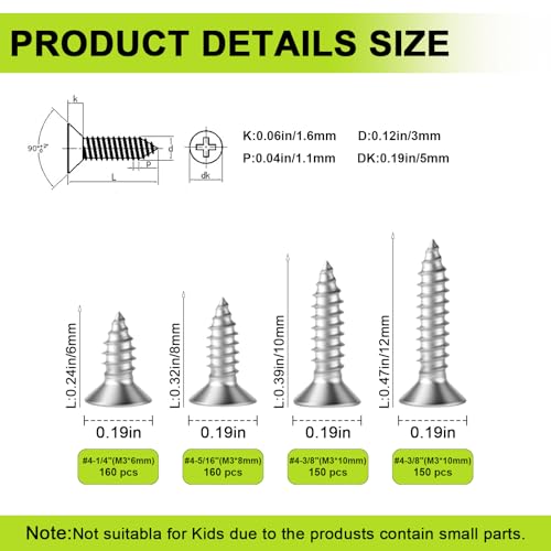 620Pcs M3 Small Wood Screws - 304 Stainless Steel Flat Head Short Screw Kit - color: Silver, size: #4--620PCS
