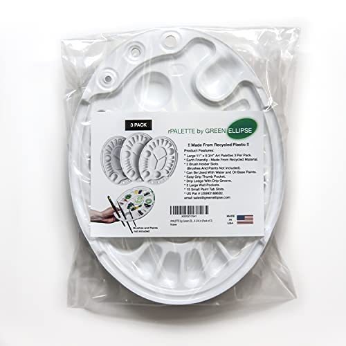 rPALETTE by Green Ellipse- 3 Pack - Environmentally Sustainable Made from Recycled Plastic - Paint Palette - Art Palette with Brush Holder Feature - Large Size 11 X 8 3/4 in,White,rPALETTE-1