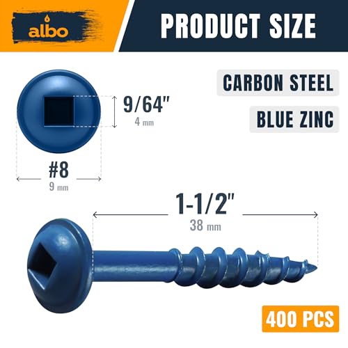 ALBO #8 x 1-1/2" Pocket Hole Screws 400 Pack – Durable Zinc-Coated Carbon Steel, Square Drive, Easy Drive Wood Screws with 6" Driver Bit for Cabinets & DIY Projects - color: Blue, size: #8 x 1-1/2"