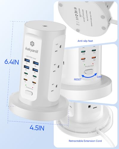 Power Strip Tower, kakyanill PD 65W Charging Station 9 AC Outlets 8 USB - color: White, size: 65W