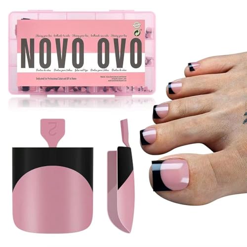 NOVO OVO Halloween Black French Tip Toe Nail Tips Press on, BERRY PINK Sharp Square Pre-Designed Soft Gel False Toenail Extension, Medium Fake Toenails, Full Cover Acrylic for DIY 15 Sizes 240 pcs - color: Sharp Square Black French Tip Berry Pink