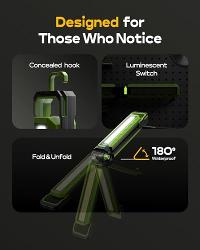 Work Light - 5200mAH Foldable Magnetic Under Hood Working Light with Hooks, Portable Magnetic Rechargeable Cordless 3300LM Job Site Lighting for Mechanic/Car Repairing/Garage - color: Green