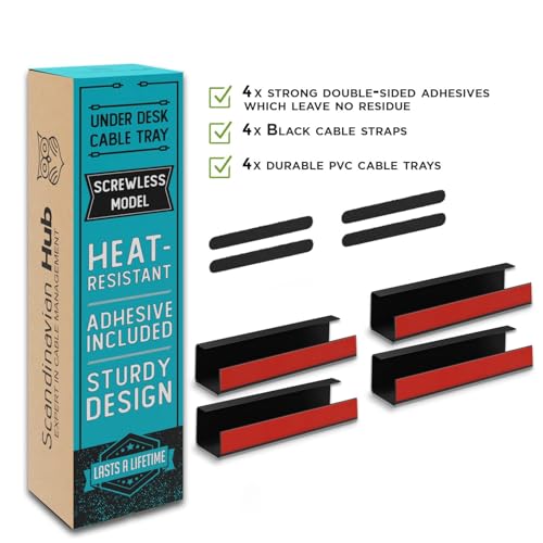 Scanfield Under Desk Cable Management Tray, No-Screw, 17-Inch, 4-Pack Black - color: Black, size: 4pcs Self Adhesive