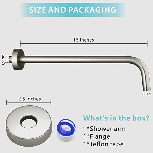 Shower Arm with Flange, 15 Inches Wall Mount Replacement Extension Showerhead Arm For Fixed Shower Head, Brushed Nickel - color: Brushed Nickel, style: 15 Inch