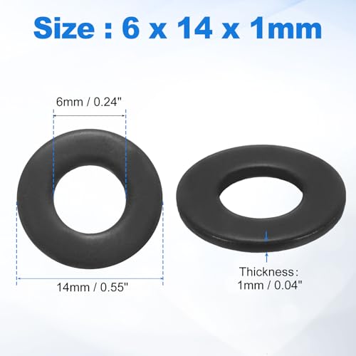 uxcell 75Pcs M6 304 Stainless Steel Flat Washers, ID 6mm, OD 14mm, Thickness 1mm Round Metal Washers for Screws Bolts, Outdoor Construction, Black - size: M6*14*1mm