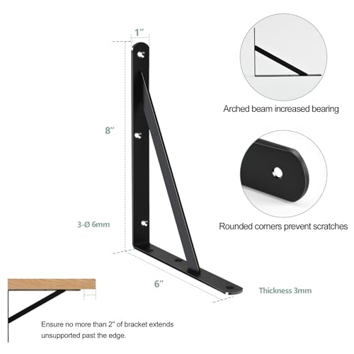 4 Pack L8 x H 6" Black Heavy Duty Shelf Brackets with Screws Metal Shelf Brackets Shelf Support Angle Brackets for Shelves L Brackets Heavy Duty Floating Shelf - size: 8''x6'', style: 4 Pack-Black