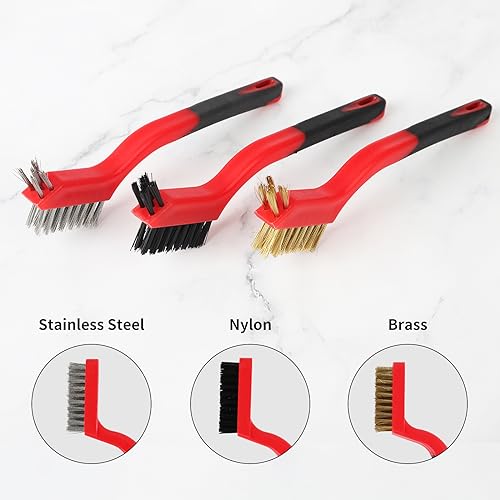 A A IN 6-Pack Wire Brush Set Nylon/Brass/Stainless Steel Bristles with Curved Handle Grip Scratch Brushes for Deep Cleaning and Rust Removing Small Cleaning Brushes-7 Inches (Red)