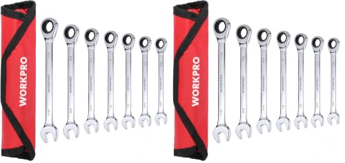 WORKPRO 7-Piece Ratcheting Combination Wrench Set, 72 Teeth, Cr-V Constructed, Combo Ratchet Wrenches Set with Roll Up Pouch, SAE 5/16"-11/16" (Pack of 2) - size: SAE (Pack of 2)