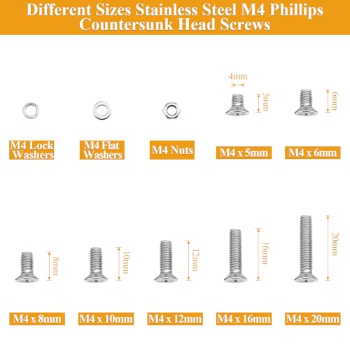 385 Pieces M4 Machine Screws Nuts Washers Set, Sutemribor M4 x 5/6/8/10/12/16/20mm Phillips Countersunk Head Machine Screws Nuts Washers Assortment Kit, 304 Stainless Steel, Fully Threaded - size: M4, style: Phillips Countersunk Head