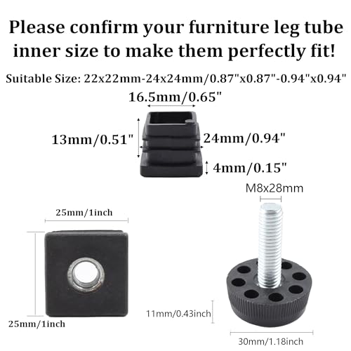 8Pcs Adjustable Leveling Feet 25 x 25mm Square Insert Kit Furniture Glide Leveler, Leveling Screw Leg for Cabinets Sofa Tables Chairs Raiser, Black - size: 25x25mm