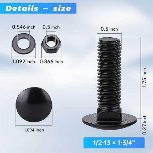 Glvaner (6 Sets) 1/2-13 x 1-3/4" Stainless Steel Carriage Bolts Screws Black and Hex Nuts & Flat Washers Black, Round Head Square Neck, 304 Stainless Steel 18-8, Full Thread Coverage - size: 1/2-13 x 1-3/4"