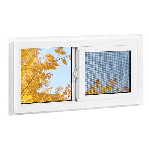 Vinyl Basement Window, Bathroom Sliding Window 32" x 16" White | Double Pane Insulated Tempered Glass and Fiberglass Screen for Basement, Bathroom, Shed - size: 32x16 IN