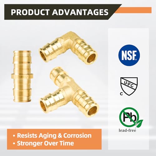 (12-Pack YVSKM) 1/2" PEX-A Fittings Set – 3 Tee, 4 Elbow, 5 Coupling, Lead-Free Brass Full Flow Connector, ASTM F1960 & cUPC Certified for Residential Hot & Cold Water and Radiant Heating Systems - size: 1/2 Inch 12-Pack