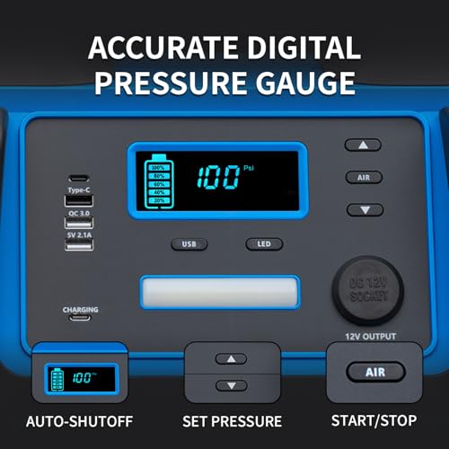 2400A Car Battery Jump Starter and Portable Power Station – Starts 8.0L Gas & 8.0L Diesel – 6-in-1 Jump Starter with Air Compressor 100 PSI Tire Inflator – 400 Watt Inverter AC/DC/USB Outlets - color: Blue