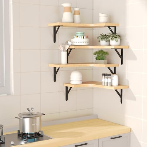 ROMGUAR CRAFT Corner Floating Shelves Wall Mounted Set of 4, Natural - color: Natural