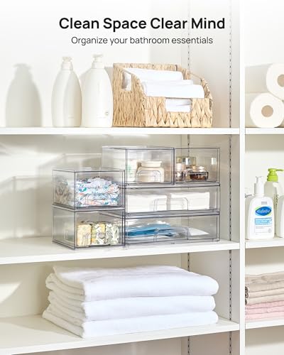 Vtopmart Stackable Storage Drawers Set of 6, Clear Plastic Organizer Bins for Bathroom Supplies, Ideal for Cabinet,Shelf, Pantry, Laundry Room Organization - style: 4 Small+2 Wide