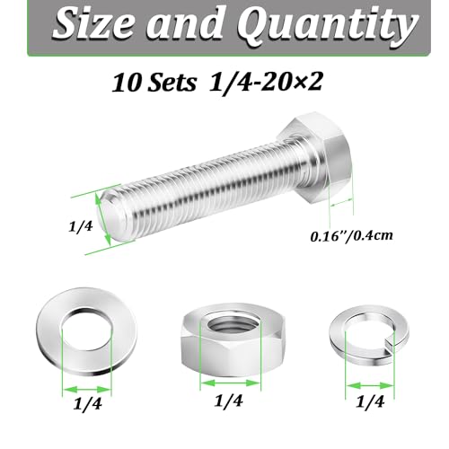 10 Sets 1/4-20 x 2 Stainless Steel Hex Head Screws Bolts, Flat, Nuts & Lock Washers,Hex Bolts 18-8(304) Full Thread - color: Silver, size: 1/4-20 x 2"（10 Sets）
