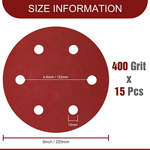 Awutzut 9 Inch 6 Hole Sanding Discs 400 Grit Hook and Loop for Drywall Sander 15PCS - style: 400 Grit