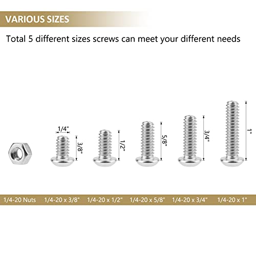 66 Pieces 1/4-20 x 3/8", 1/2", 5/8", 3/4", 1", Button Head Socket Cap Screws Nuts Assortment Kit, 304 Stainless Steel, Fully Machine Thread - size: 1/4"-20, style: Button Head