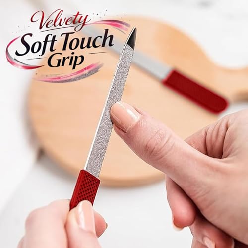 Professional Sapphire Nail File Ruby Red, 5" Stainless Steel, Double-Sided Metal File, Ergonomic Non-Slip Handle, for Natural, Gel, Acrylic Nails, Manicure & Pedicure Tool