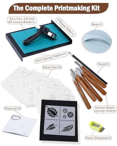 UCEC 38Pcs Linocut Kit with 12 Carving Tools, Brayer, Baren & Lino Blocks - color: Block Printing Kit-38 Pack