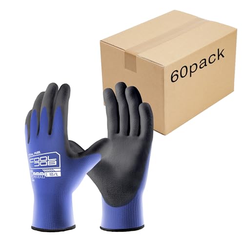 COOLJOB 60 Pairs Safety Work Gloves Pack Bulk with Grip PU Coating - color: Blue, size: Medium (Pack of 60)