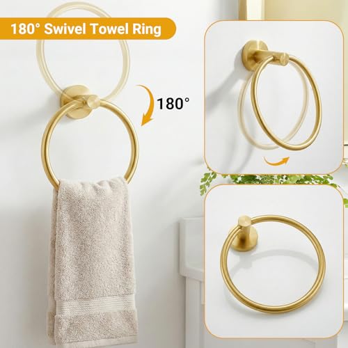 5 Piece Brushed Gold Bathroom Hardware Set, 24 Inch Bathroom Hardware Set Towel Racks for Bathroom, SUS304 Stainless Steel Wall Mounted Bath Towel Bar Set - color: E-24 Brushed Gold