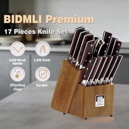 17-Pack kitchen knife set, wooden blocks,sharp high carbon stainless steel blades,hardwood handles,Sharpener,chicken bone clipper,microfiber towels,gift packaging,for families, restaurants, chefs. - color: Wooden