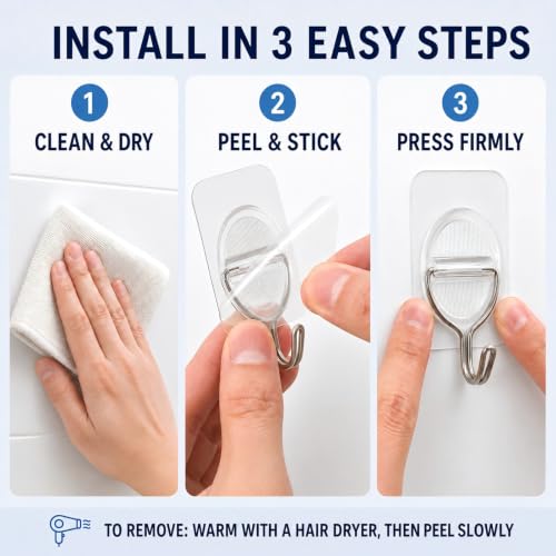 Clear Adhesive Wall Hooks, Removable Stick On Hooks, 10 Pack - size: 3.5 cm