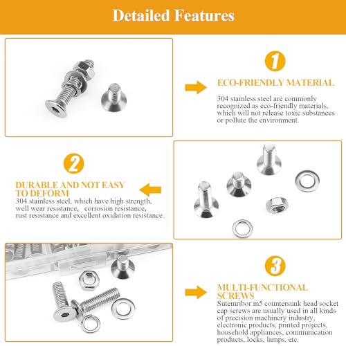 245 Pieces M5 Screws Nuts Washers Set, Sutemribor M5 x 6/8/10/12/16/20/25mm Countersunk Head Socket Cap Screws Nuts Washers Assortment Kit, 304 Stainless Steel, Fully Threaded - size: M5, style: Countersunk Head Socket Cap