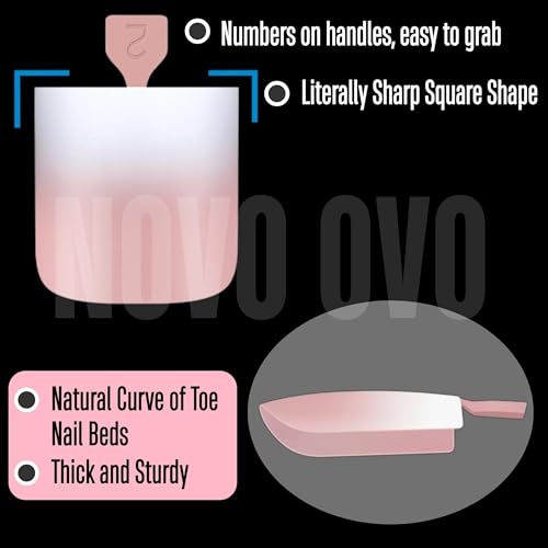 NOVO OVO Ombre French Tip Press on Toe Nail Tips, Sharp Square Pre-Designed Soft Gel False Toenail Extension, BABY PINK Pre-applied Tip Primer & Base Coat, Full Cover Acrylic DIY x 15 Sizes 240 pcs - color: Sharp Square Ombre Baby Pink