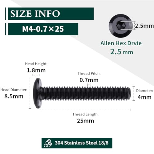 M4-0.7 x 25mm (100 pcs) Black Hex Socket Head Cap Screws, 304 Stainless Steel 18/8, Furniture Bolts, Connector Screws for Furniture, Black Oxide Finish, Full Thread, Hex Spanner Wrench Included - size: M4-0.7 x 25mm